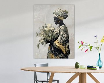 Elegantie in Stilte – Afrikaanse Vrouw met Bloemen