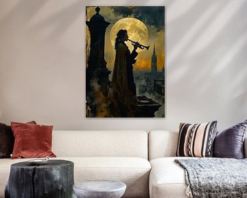 Dunkle Figur, die Klarinette spielt