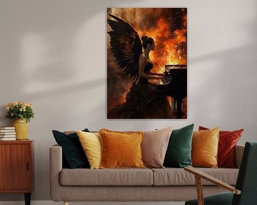 Vrouwelijke engel die piano speelt abstract vuur van MIROKKU