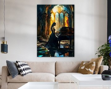 Meisje speelt piano onder ruïne hal abstract van MIROKKU