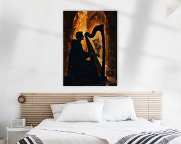 Donker figuur silhouet die harp speelt Abstract van MIROKKU