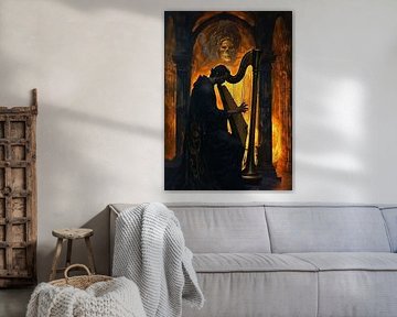 Dark Figure Silhouette Playing Harp Abstract by MIROKKU