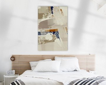 Modern abstract in neutraal beige, oranje en blauw van Dina Dankers