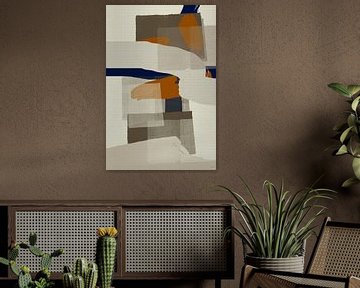 Modern abstract in oranje, beige, blauw en taupe van Dina Dankers