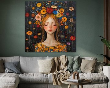 Bloemengezicht | Vrouw met Bloemen van Blikvanger Schilderijen