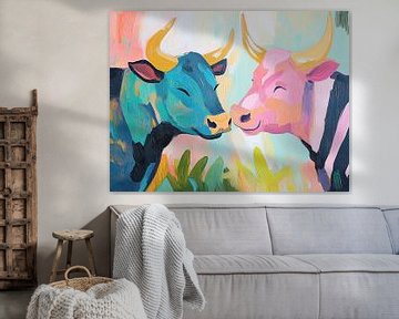 Blauwe en Roze Koe Kijken Naar Elkaar van Blikvanger Schilderijen