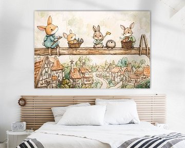 Animaux sur une poutre dans un village sur Art & Soul Creations