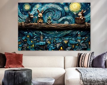 Rabbits under starry sky art by Art & Soul Creations