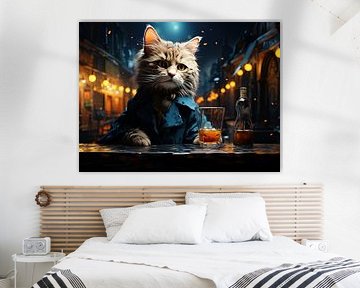 Dressed Cat and Cafe Terrace at Night inspired by Van Gogh