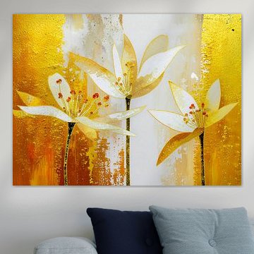 Tijdloos abstract: Drie witte lelies op goud
