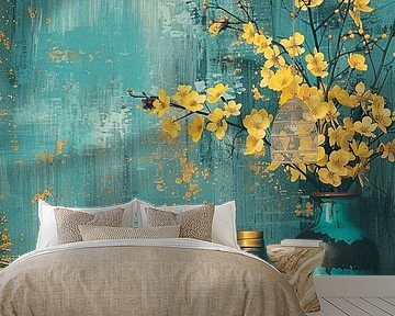 Türkisfarbenes Stilleben mit Blumen und Zitronen an einer alten Wand von Marijke Trienekens