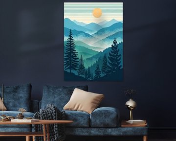 Majesté sereine des montagnes : Un paysage vintage stylisé