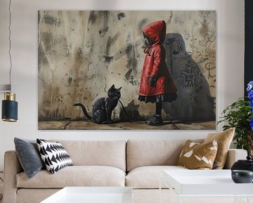 Urban Graffiti Schilderij – Meisje met Rode Jas en Zwarte Kat aan de Lijn van BowiScapes abstract en digitale kunst