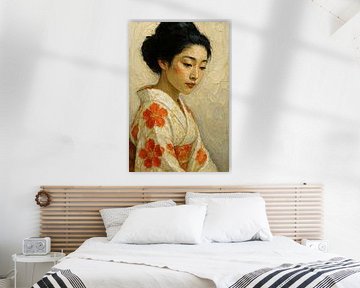 Japanse geisha in kimono ( schilderij klassiek portret vrouw dikke verf zen rustig neutraal zachte kleuren goud) van Natalie Bruns