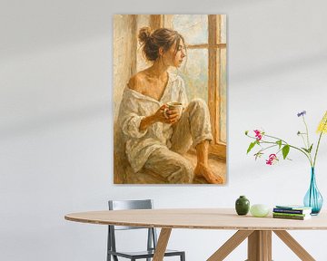 Rustig begin van de dag (kop thee koffie relaxen dromerig raam vensterbank ochtendritueel warm neutraal huiselijk boho dikke verf schilderij)