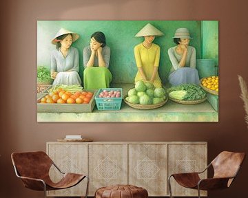 Four women at the market with vegetables by May