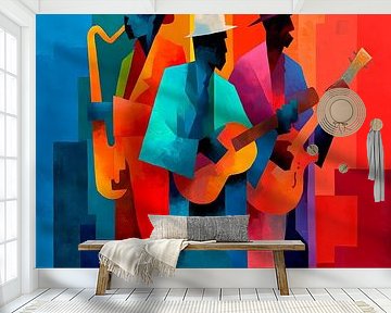 Moderne muzikanten voor kleurrijke architectuur