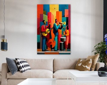Jazztrio in een kleurrijke geometrische stedelijke omgeving van MArt