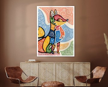 Colorful Fox Illustration with Abstract Background by Kelly R Hayes