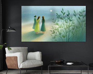 Three women at the North Sea under a full moon by May