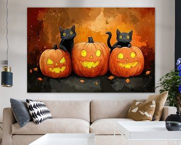 Halloween-Kunstwerk mit schwarzen Katzen und Kürbissen von Mel Digital Art