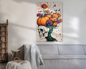 Moderne Halloween-Kunst mit Schädel und Kürbissen