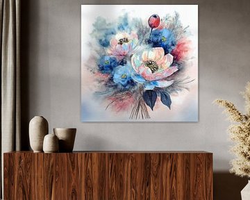 Beau bouquet de fleurs délicates en style aquarelle sur Patricia Hofmeester