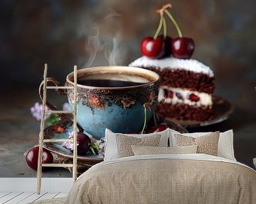 Kaffee mit Schwarzwälder Kirschtorte und Kirschen - Sommerstillleben
