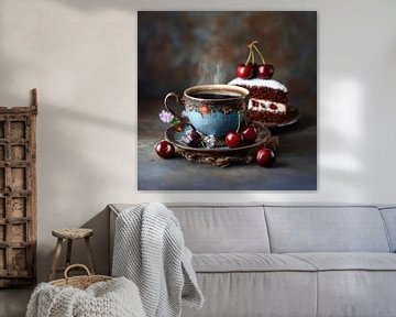 Koffie met Zwartewoudtaart en kersen - Zomers Stilleven van Joriali fotografie en schilderijen
