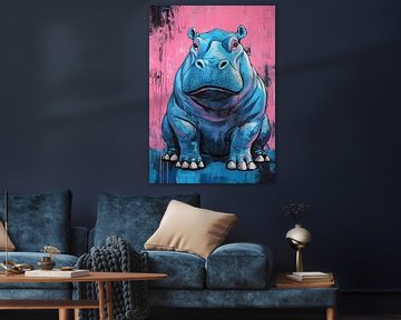 Humoristisch Blauw Nijlpaard Schilderij