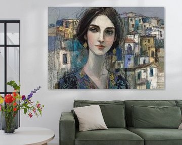 Sardinië schilderij | Vrouw met Huizen van Abstract Schilderij