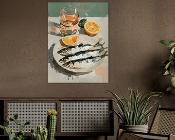 Stilleven van sardines op een bord met citroen en water van Lina van Oers
