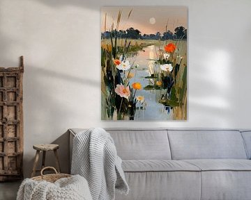 Sunset over a ditch with grass and flowers by Lina van Oers