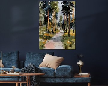 Sunny pine forest with hiking trail