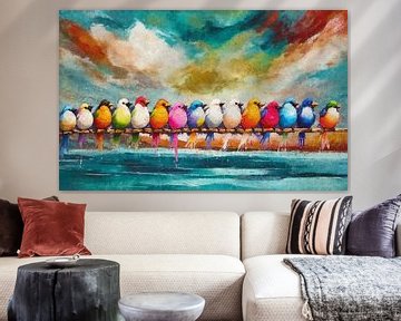 Kleurrijke Vogels op een rij - Expressief Schilderij van Arjen Roos