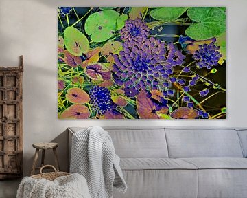 Work in neon colours of leaves in art deco style floating in a pond by Birgitte Bergman