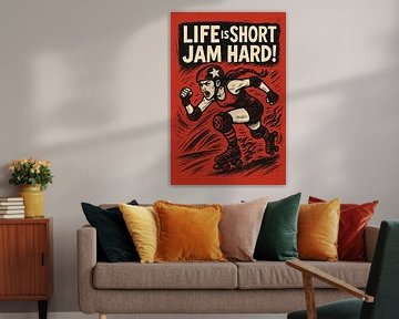 Life is short jam hard (roller derby. vrouwensport, jammer, tekening, tienerkamer, rolschaatsenstrijdlustig, rebel, rood) van Natalie Bruns