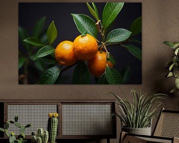 Orange branch in close-up - Fresh fruit on a green branch
