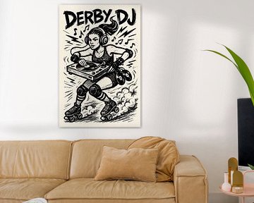 Roller derby DJ (muziek, skates, draaitafel, zwart wit, tekening, hoofdtelefoon, grammofoonplaten, meisje, tiener, slaapkamer)