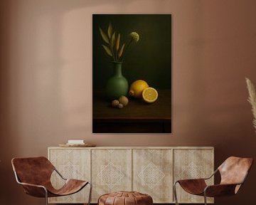 Dark Green & Lemon - Elegant still life with vase, citrus and nature forms