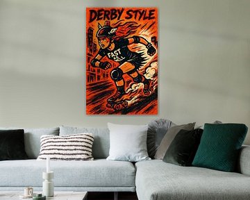 FAST AS HELL ( Roller derby style, quad-rolschaatsen, helm, vlammen, rood, zwart, poster, punk, tekening, vrouw, meisje ) van Natalie Bruns