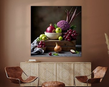 Purple & Green - Classic vegetable still life with grapes and onion by Kleurenrijk