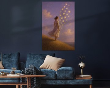 Light as Desire - Girl in the evening breeze with flowers by Kleurenrijk
