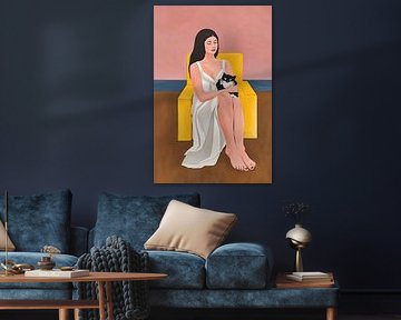 Femme minimaliste avec chat sur une chaise jaune, Figurative Pop Art Print moderne