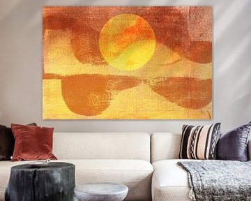 Abstract minimalistisch landschapschilderij. Zonsondergang in geel en bruin van Dina Dankers
