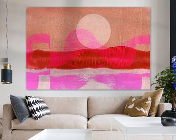 Abstract landschap. Zonsopgang in beige, neonroze en warm rood van Dina Dankers