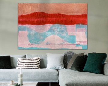 Abstract minimalistisch landschap in lichtblauw, rood en beige van Dina Dankers