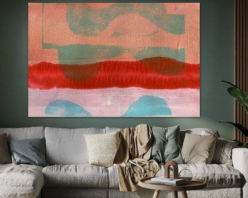 Abstract minimalistisch landschap in rood, beige, blauw van Dina Dankers