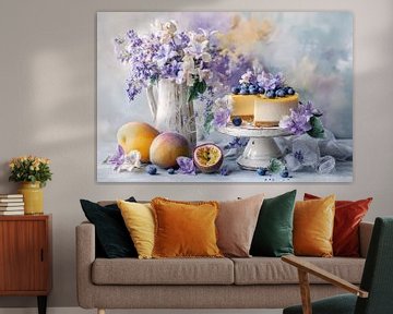 Zoete Verleiding: Cheesecake en Bloemen Stilleven van Joriali fotografie en schilderijen
