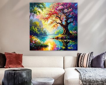 Tree of life in the golden evening light of the sunset at the sunken forest lake between water and distant mountains